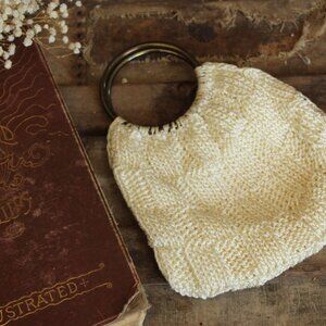Vintage 1960s Ivory Crochet Purse, Woven with Metal Wrist Handles Hand Bag